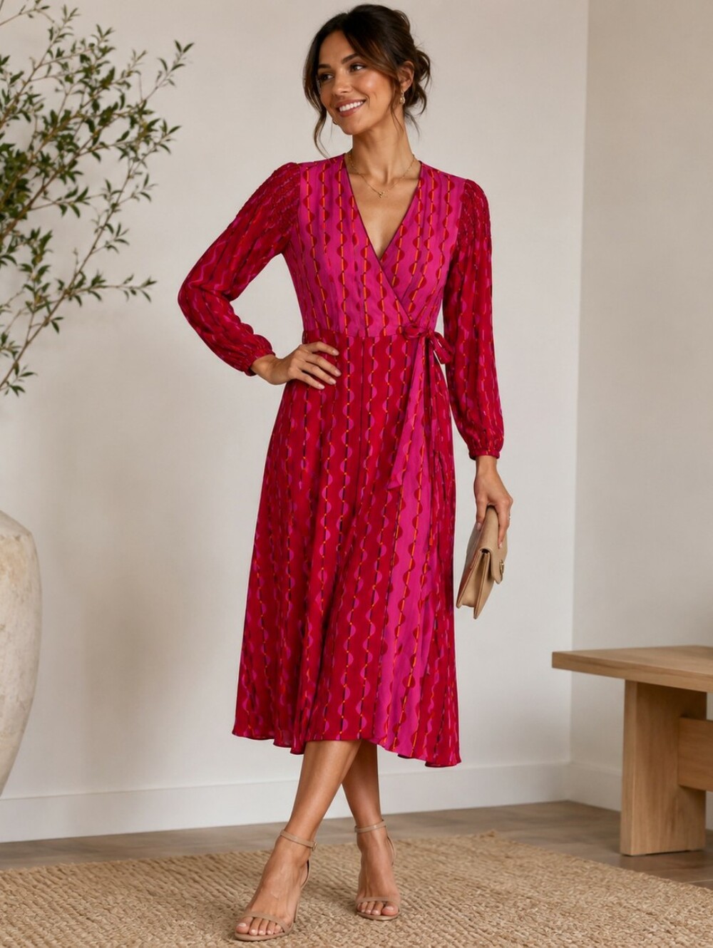 Beatrice B Women's Midi Dress SIZE 2  Faux Wrap Long Sleeve Colorful Italy Flowy